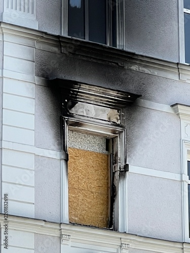 Fire damage on a building facade