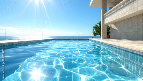 Luxury swimming pool with ocean view and sunflare.
