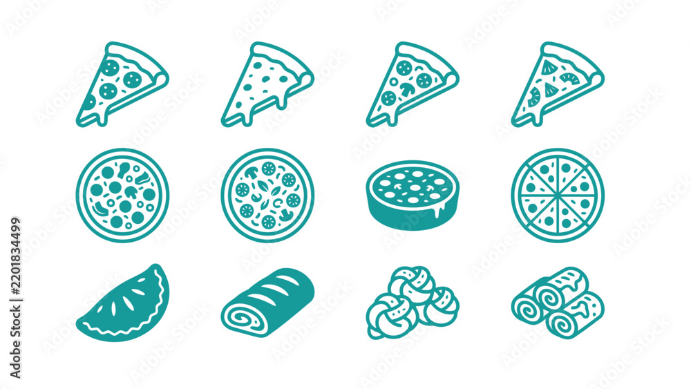Obraz premium Set of twelve teal monochromatic pizza and bakery icons featuring various pizza slices, whole pies, deep dish pizza, calzones, garlic knots, and bread rolls on a white background.