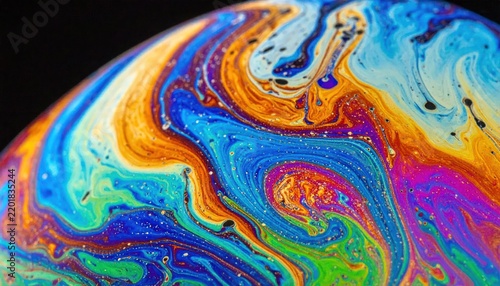 Macro abstract swirl of colors on soap bubble surface.