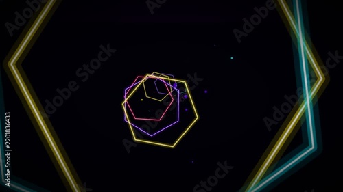 Neon hexagon tunnel flying in black space