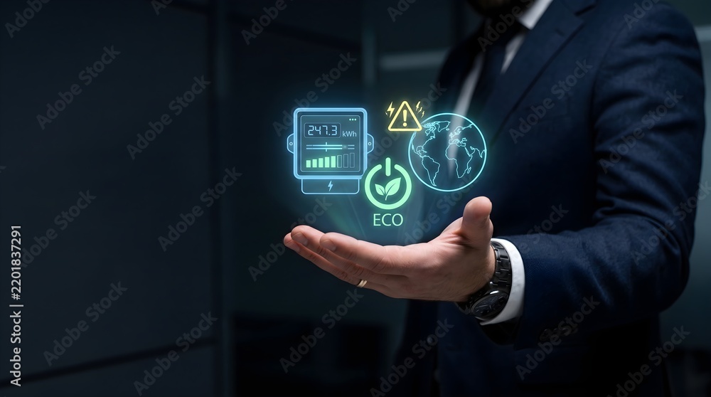 Obraz premium Businessperson presenting digital energy and sustainability concept in modern office
