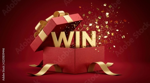 Red gift box with golden ribbon opening to reveal the word 