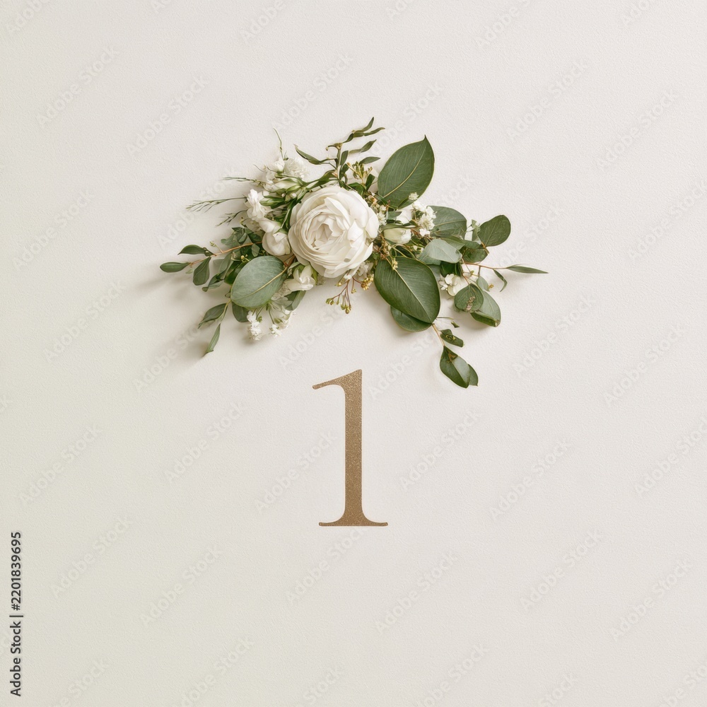 Naklejka premium A wedding anniversary card shows the number 1 in elegant calligraphy surrounded by a floral botanical frame in cream and gold colors.