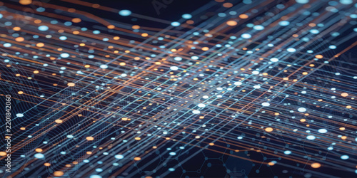 Digital data stream abstract background with glowing blue and orange light particles for modern information technology.