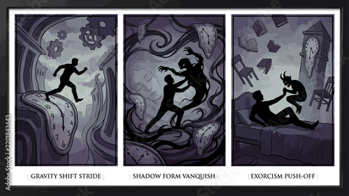 Surreal dream sequence vector illustrations, gravity shift and shadow form vanquish triptych, dark psychological nightmare concepts with melting clocks
