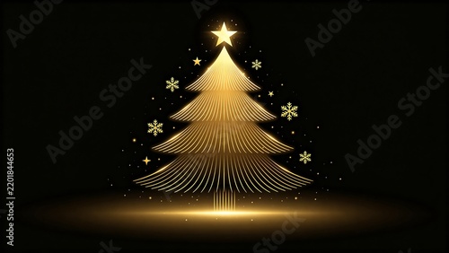 Golden Glowing Christmas Tree with Snowflakes on Black Background