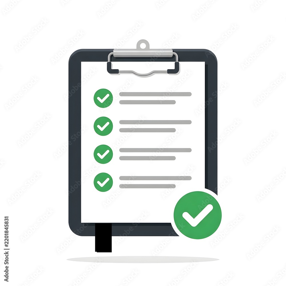 Fototapeta premium Flat vector illustration of a clipboard with checklist and confirmation icon on white background