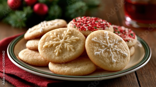 Round sugar cookies iced with snowflake design on plate