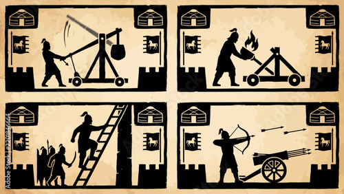 Medieval siege warfare silhouettes on parchment, ancient battle scene vector set, historical military tactics with catapult and archer