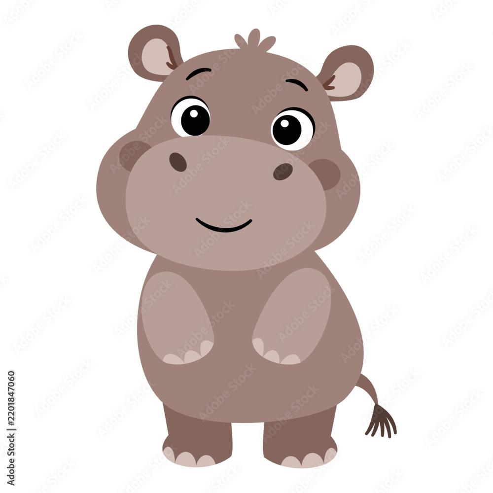 Obraz premium Cute baby hippopotamus standing upright with a friendly smile. Adorable wild animal character in a simple flat vector style, isolated on a white background. Vector illustration