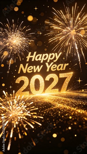 Golden 'Happy New Year 2027' with Sparkles and Fireworks