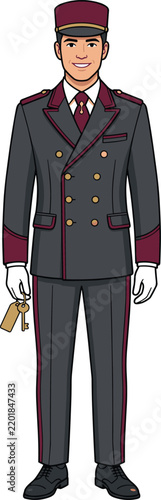 Full body portrait of a smiling hotel concierge in a classic uniform holding keys