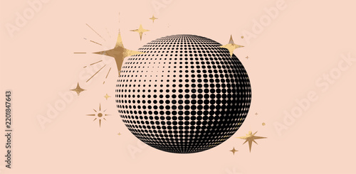 Shiny disco ball halftone collage element. Cut out of a magazine party festive symbol with gold glitter stars decoration. Trendy modern retro vector illustration isolated on transparent background 