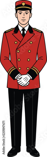 Full body illustration of a hotel bellhop in a classic red uniform and hat