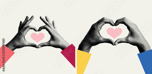 Valentines day halftone collage element. Hands making heart gesture. Female and male hands making love sign. Trendy modern retro vector illustration isolated on transparent background