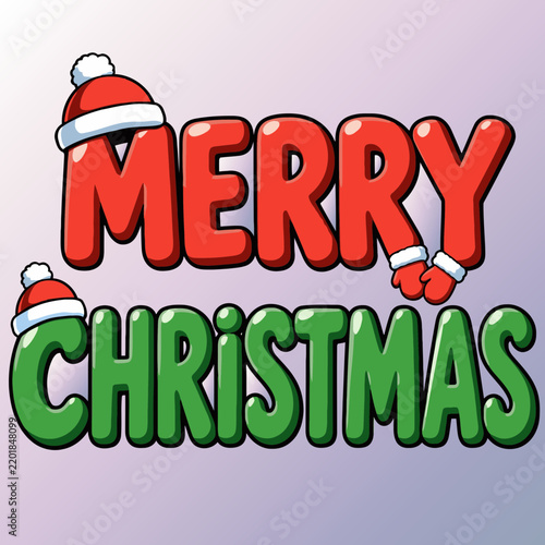 Merry Christmas Typography Vector Design with Santa Hats and Red Winter Mittens on Bubble Lettering