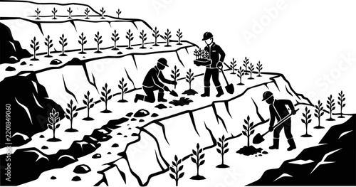 Workers planting trees on terraced land restoration project