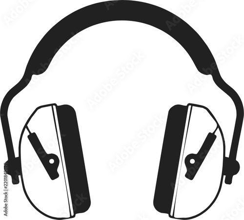 Minimalist black icon of industrial hearing protection earmuffs for noise reduction and workplace safety
