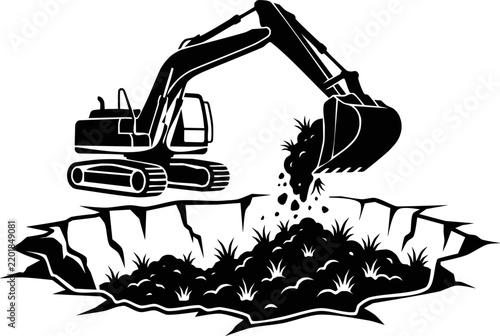 Minimalist excavator filling a crater with soil for land restoration