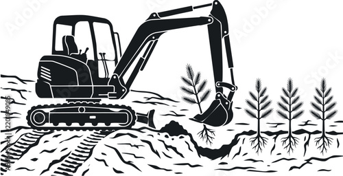 Minimalist Black Excavator Planting Pine Tree Saplings Environmental Concept