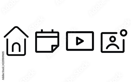 Home, Calendar, Video and User Profile Outline Icons Set