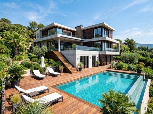 Elegant contemporary multi-level home with an inviting swimming pool, spacious wooden deck, and lush green landscaping on a beautiful sunny day, contemporary, villa, clouds