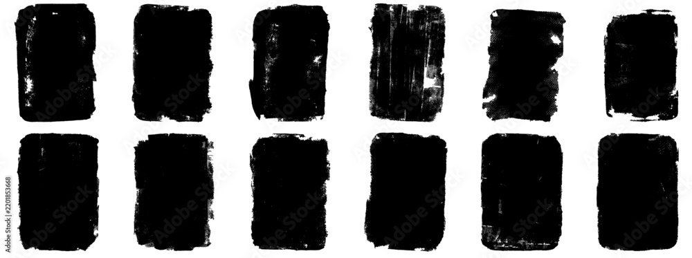 Obraz premium Grunge rectangle shape tag with text box figure and stamp effect rough collection. Inky distressed block elements on white backdrop for poster. Vector grungy tagged set isolated for print layout