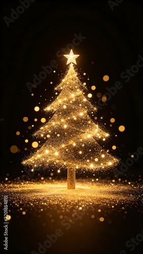Golden Sparkling Christmas Tree with Star and Bokeh Lights on Black