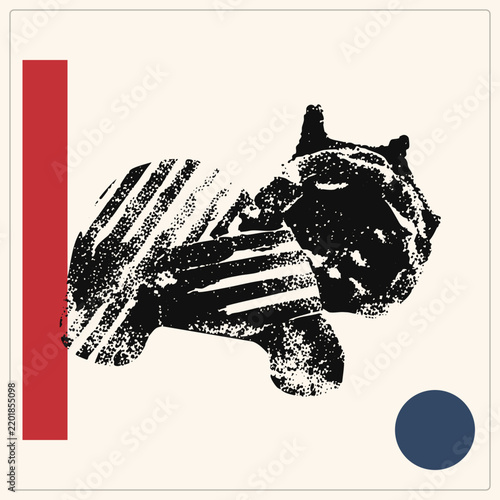 Striped tabby crouches in distressed stencil style, a gritty halftone mouser with speckled ink texture. This grunge kitty pairs bold silhouette with geometric accents for edgy print design.
