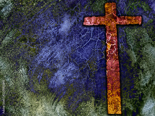 rusty red grunge effect cross on blue purple green texture