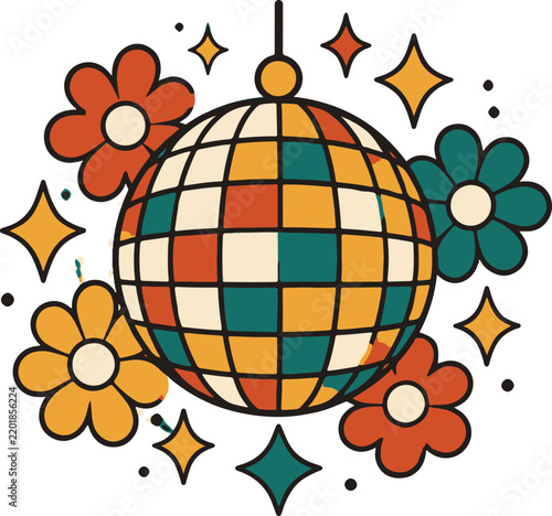 Retro Groovy Disco Ball with Colorful Flowers and Sparkles