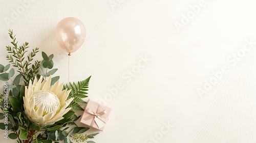 Beautiful floral arrangement with a happy birthday message on a soft neutral background for celebration greeting cards