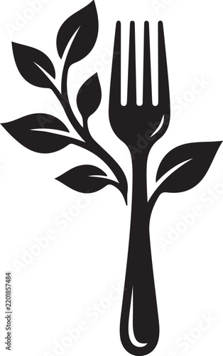Fork and leaves silhouette vector graphic, healthy food symbol and eating icon