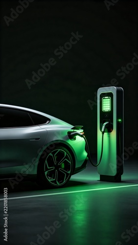 Futuristic Electric Car Charging with Green Neon Light