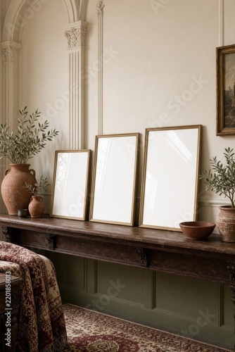 Blank picture frame mockup on a rustic interior wall with elegant decor.