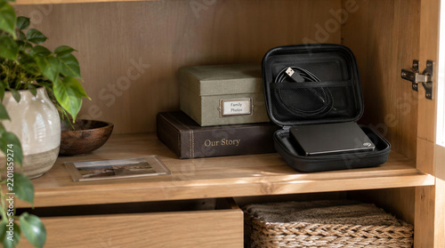 External hard drive storing family memories on a wooden shelf