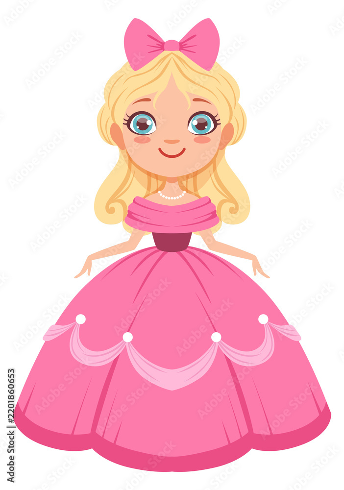 Obraz premium Cute girl in pink dress. Cartoon fairytale character