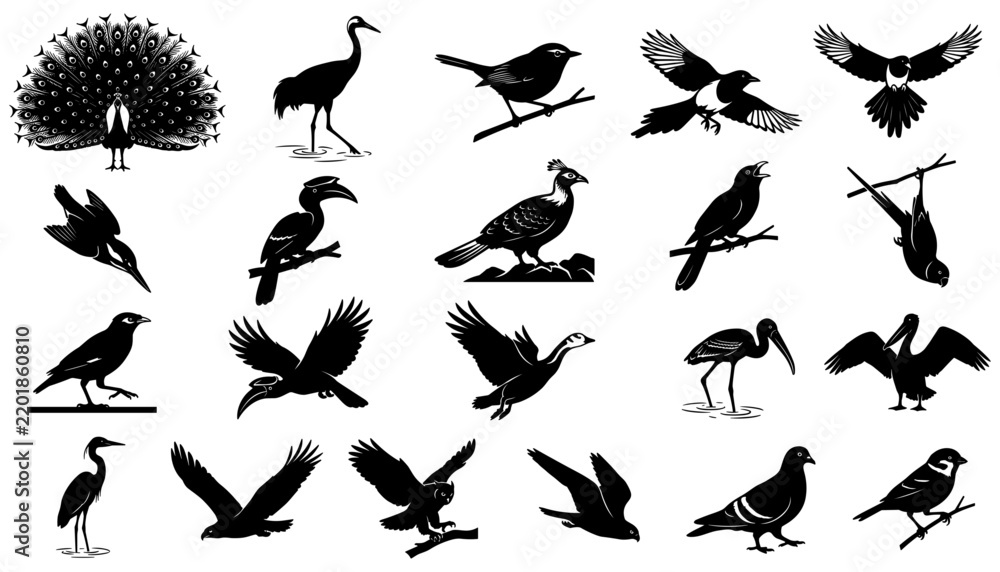 Fototapeta premium Silhouette Bird Illustrations Set with Diverse Species and Wing Positions