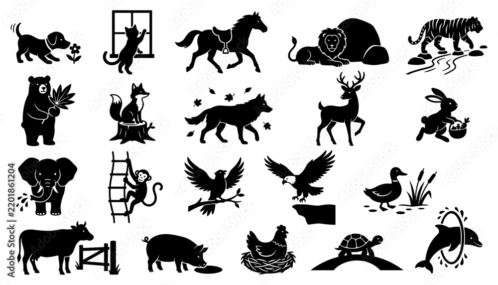 Obraz premium Animal Silhouettes Set with Various Wildlife and Domestic Creatures