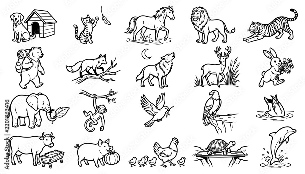 Fototapeta premium Animal Illustrations Set with Dog, Cat, Horse, Lion, Tiger, Elephant, Cow, Bird