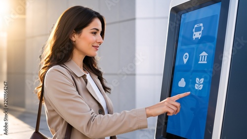 A young woman in a beige coat interacts with a blue touchscreen kiosk outdoors, navigating digital icons in a modern urban environment during daytime.. Digital public services