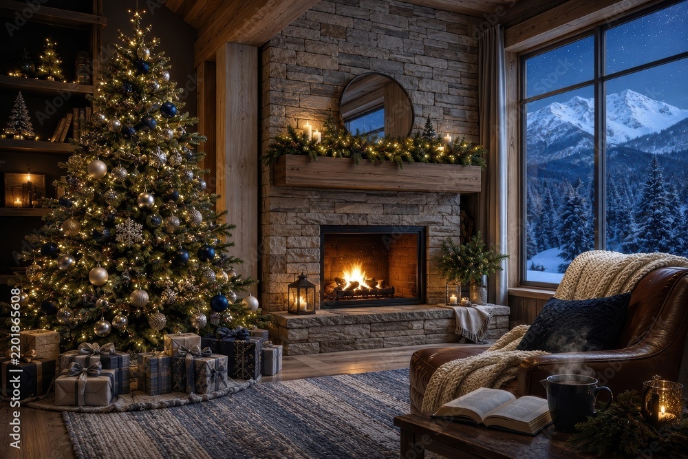 Obraz premium Cozy Christmas living room with fireplace and snowy mountain view