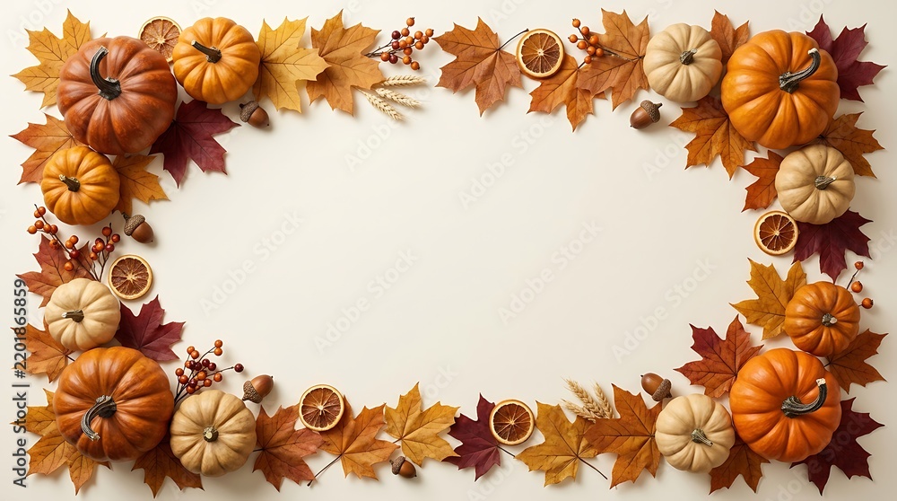 Fototapeta premium Fall seasonal frame background featuring autumn pumpkins and leaves with dried