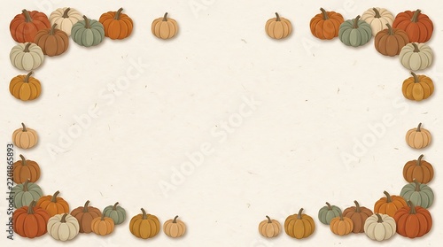 Assortment of small pumpkins and fall leaves forming a decorative frame