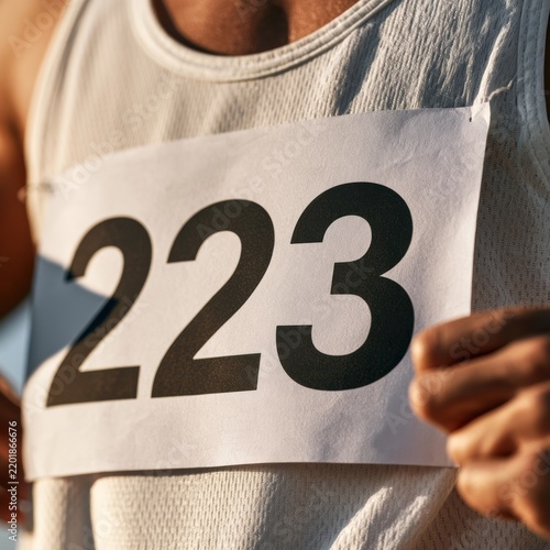 A runner is showing their marathon bib number 223 while getting ready for a race outdoors during a marathon event.