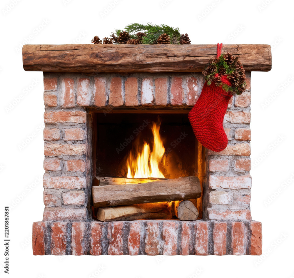 Obraz premium PNG Rustic brick fireplace with blazing fire and Christmas stocking