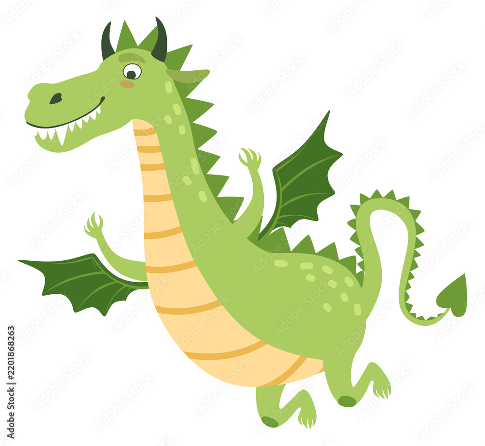 Obraz premium Green dragon cartoon icon. Kid fairytale creature