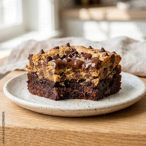 Freshly baked brookie sliced to reveal the enticing layers of dense chocolate brownie and chewy chocolate chip cookie, topped with melted chips, layers, brookie, gooey
