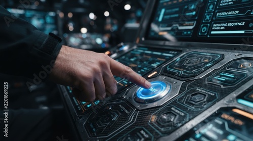 A close up view of a hand pressing a glowing blue button on a high tech futuristic spaceship console